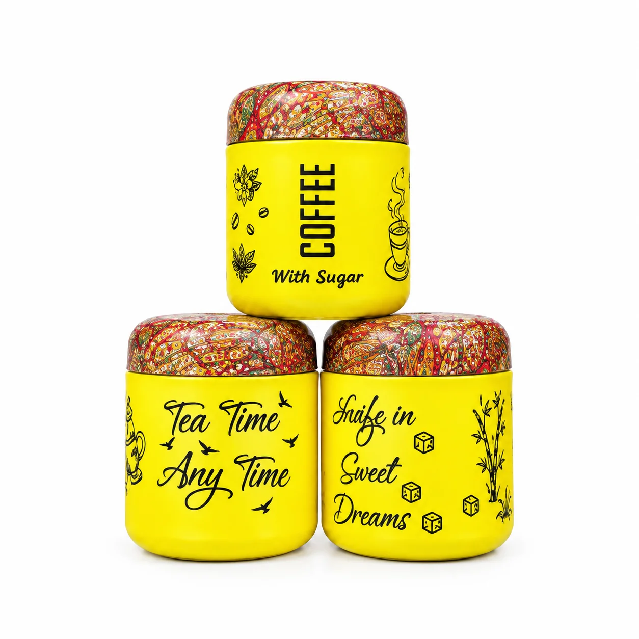 Stainless Steel Tea Coffee Sugar Canisters Set | Yellow | 3 Sizes