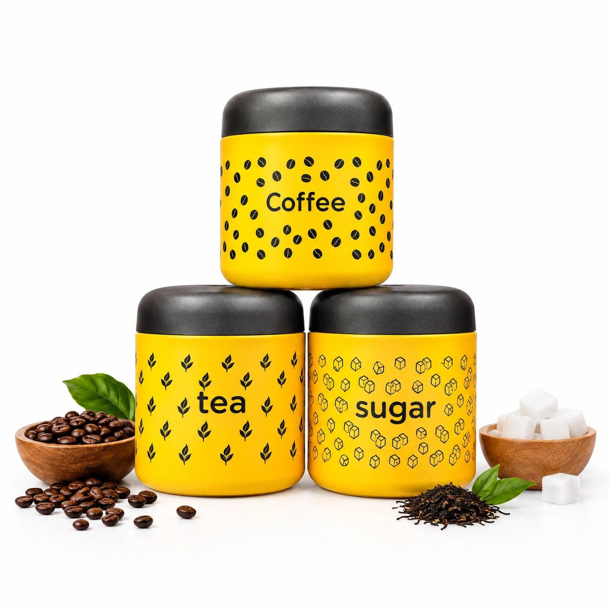 Stainless Steel Tea Coffee Sugar Canisters Set | Yellow